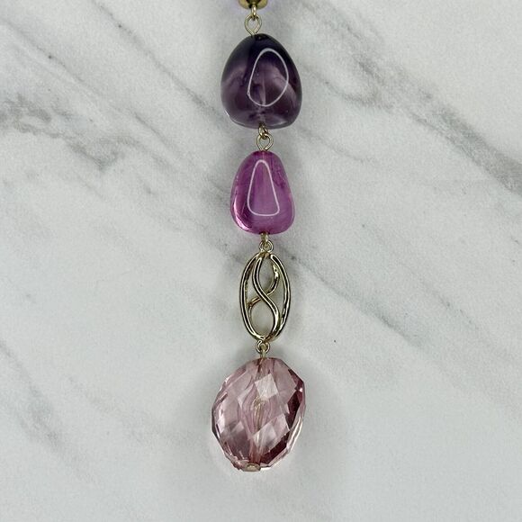Chico's Gold Tone Purple Beaded Y-Drop Linear Pendant Necklace ✨ - Picture 7 of 10